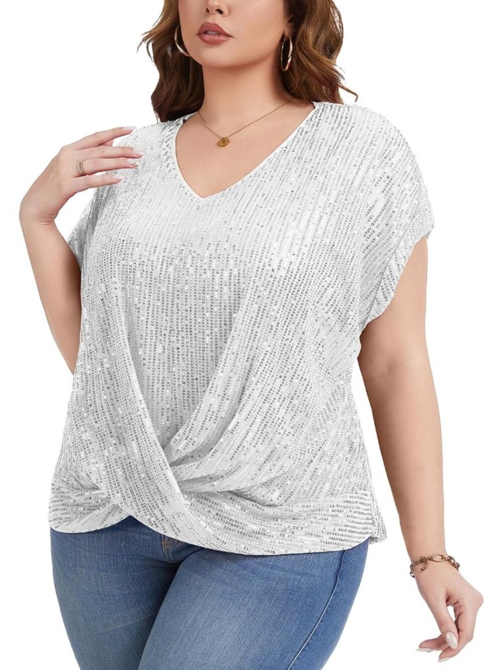 Women's Silver Sequin Top Short Batwing Sleeve V Neck Shirts Elegant Blouses - Picture 5 of 6